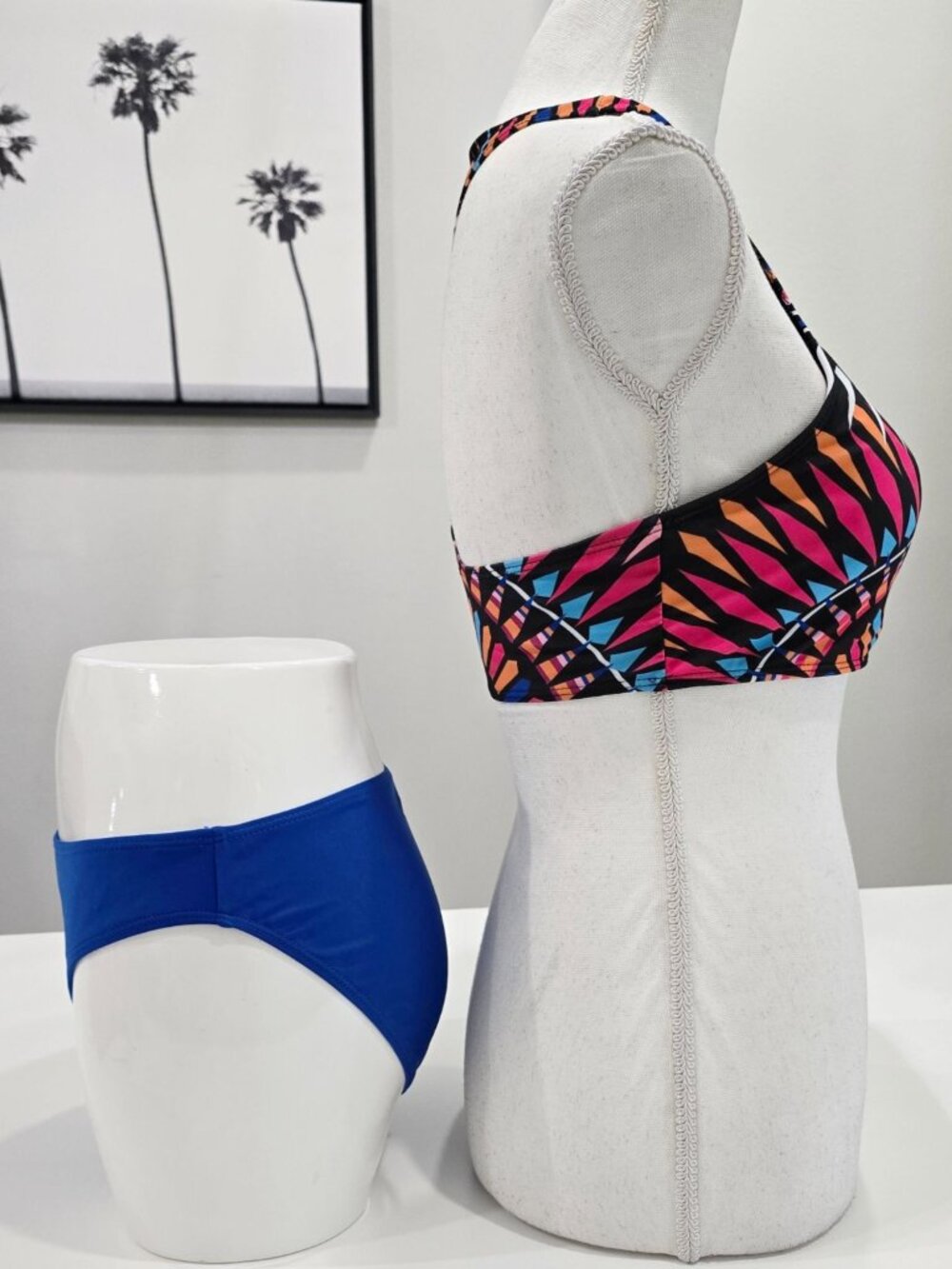Tribal Print Bikini Set ✦ High-Neck Racerback Blue Bottoms ✦ Adjustable Stretch - Picture 3 of 8